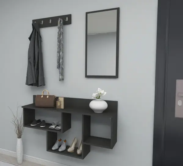 Placido Wall Mounted Dresuar Console Table with Mirror and Hooks - Anthracite