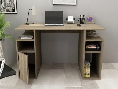 Forte Computer Desk with Cabinet and Shelves - Walnut