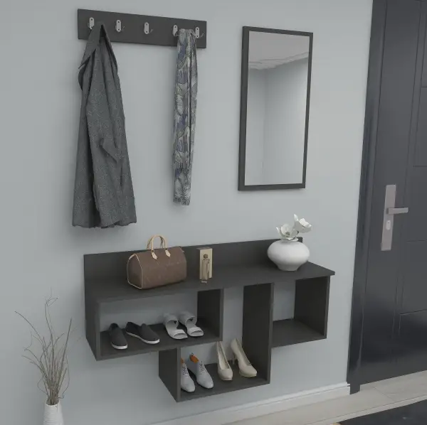 Placido Wall Mounted Dresuar Console Table with Mirror and Hooks - Anthracite