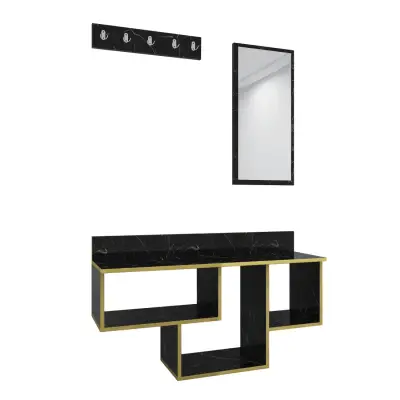 Placido Wall Mounted Dresuar Console Table with Mirror and Hooks - Black Marble & Gold