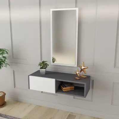 Allegria Wall Mounted Dresuar Console with Cabinet, Shelf and Mirror - Anthracite & White