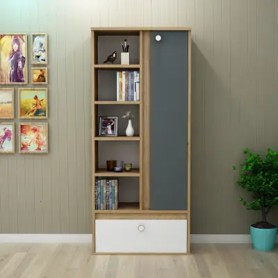 Volta Bookcase with Cabinet and Shelves - Oak, Anthracite & White