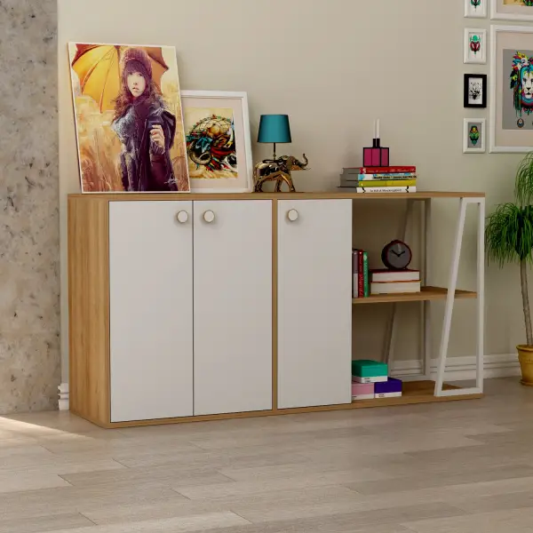 Avena Sideboard with Cabinets and Shelves - White & Oak