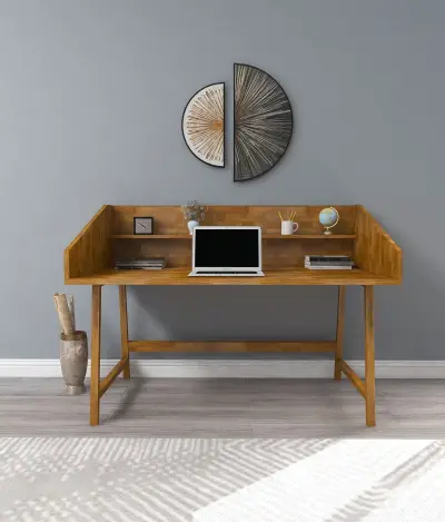 Nashy Wood Computer Desk with Front Bar Shelf - Oak