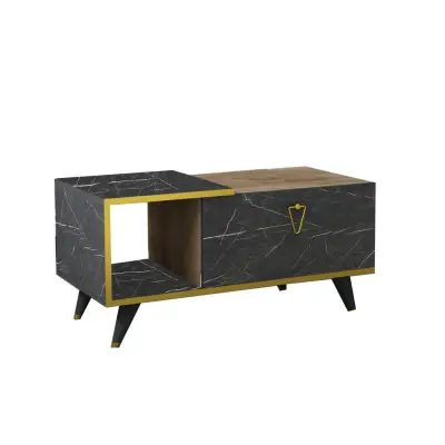 Alisya Coffee Table with Storage Cabinet and Shelf - Walnut & Black Marble Effect