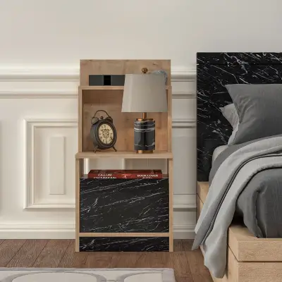 Tilia Nightstand with A Cabinet and Shelves - Oak & Black Marble Effect