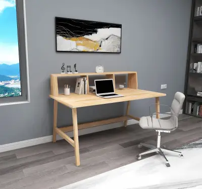 Lumi Computer Desk with Front Bar Shelf - Natural