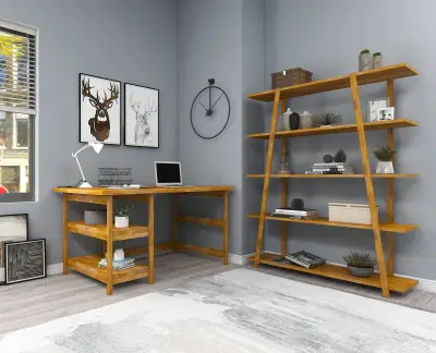 Miraperry Wood Bookcase and Computer Desk Set - Oak