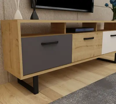 Agustine TV Stand with Cabinets and Drawers - Oak, Anthracite & White