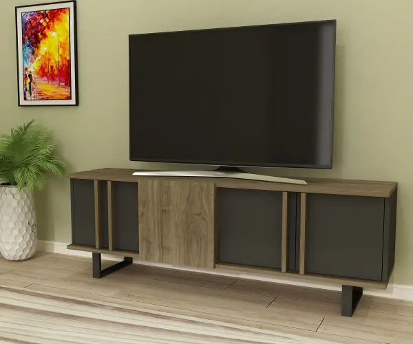 Fido TV Stand with Cabinet Shelves - Walnut & Anthracite