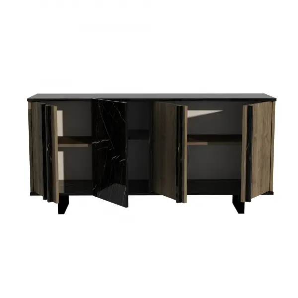 Fido Sideboard with Cabinets and Shelves - Walnut & Black Marble Effect