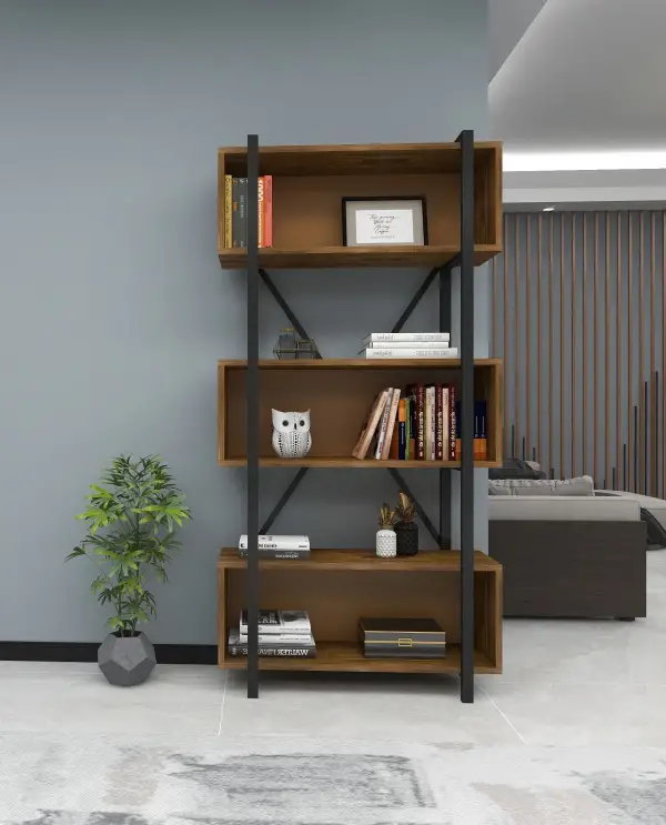 DISCONTINUED - Delano Metal Wood Bookcase - Walnut & Black