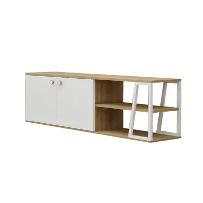 Avena TV Stand with Cabinets and Shelves - White & Oak