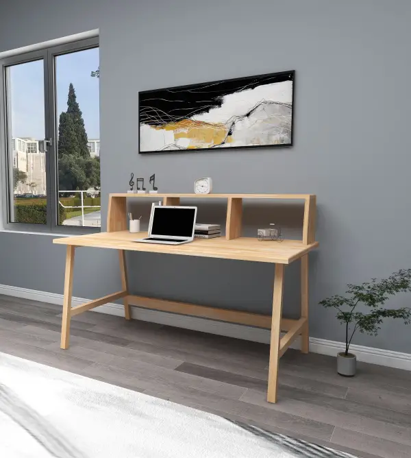 Lumi Computer Desk with Front Bar Shelf - Natural