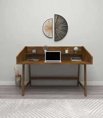 Nashy Wood Computer Desk with Front Bar Shelf - Walnut