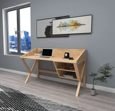 Ivo Wood Computer Desk with Front Bar and Shelves - Natural