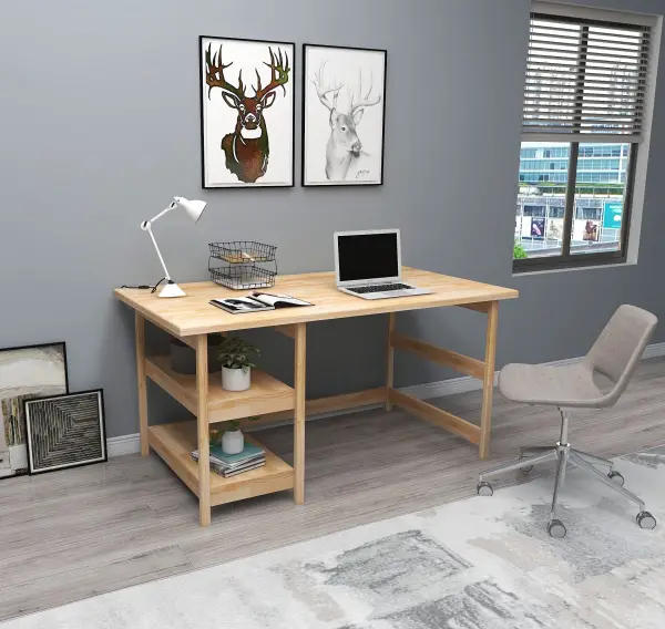 Mira Wood Computer Desk with Shelves - Natural