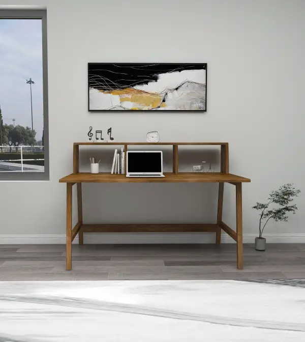 Lumi Computer Desk with Front Bar Shelf - Walnut