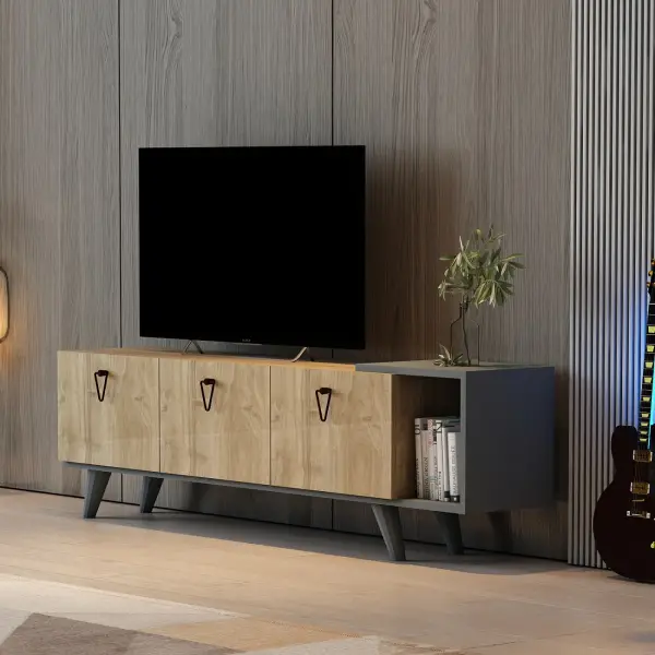 Agnus TV stand with Cabinets and Shelf - Walnut & Anthracite