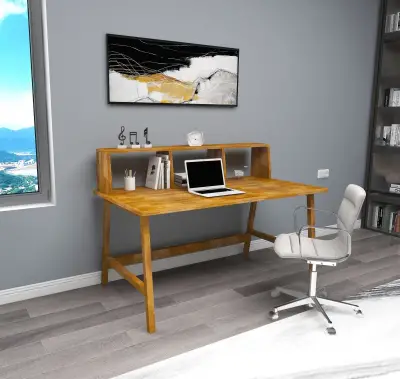 Lumi Computer Desk with Front Bar Shelf - Oak