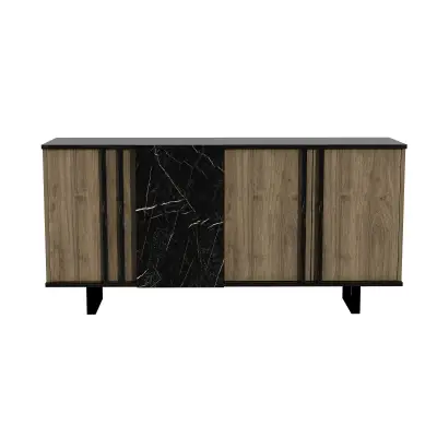 Fido Sideboard with Cabinets and Shelves - Walnut & Black Marble Effect