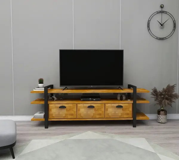 Miles Wood Metal TV Stand and Media Console - Oak & Black