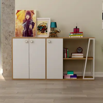 Avena Sideboard with Cabinets and Shelves - White & Oak