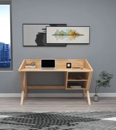 Ivo Wood Computer Desk with Front Bar and Shelves - Natural