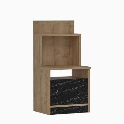 Tilia Nightstand with A Cabinet and Shelves - Oak & Black Marble Effect