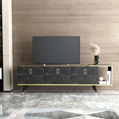 Agnus TV stand with Cabinets and Shelf - Walnut & Black Marble Effect