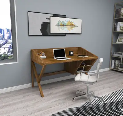 Ivo Wood Computer Desk with Front Bar and Shelves - Walnut