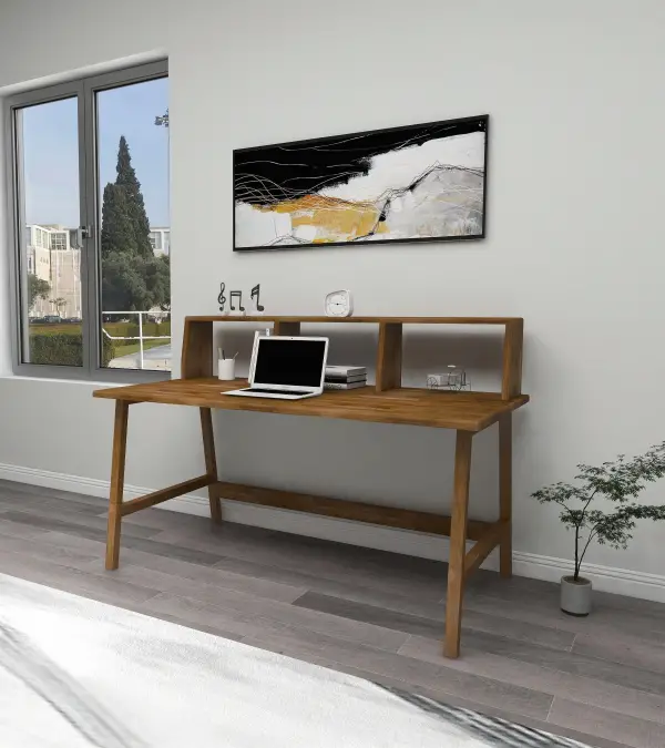 Lumi Computer Desk with Front Bar Shelf - Walnut