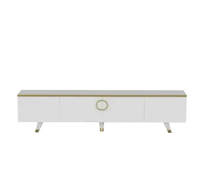 Plana TV Stand with Cabinets - White & Gold Band