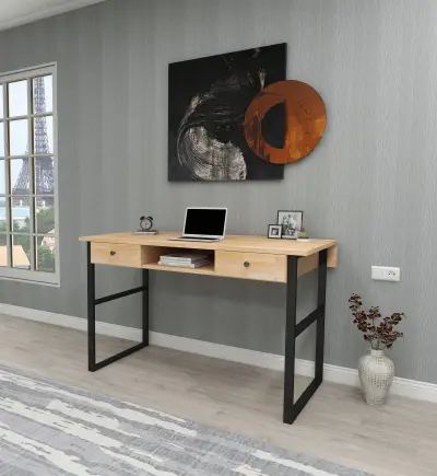 Elowen Wood Metal Computer Desk - Natural & Black