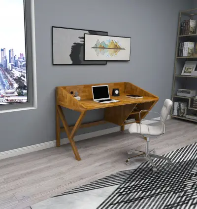 Ivo Wood Computer Desk with Front Bar and Shelves - Oak