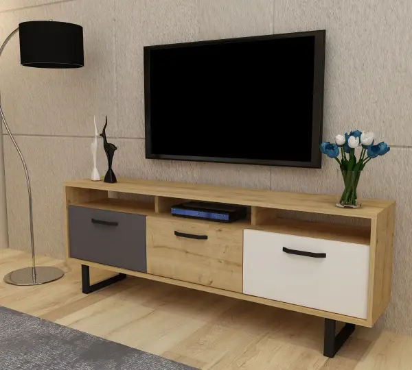 Agustine TV Stand with Cabinets and Drawers - Oak, Anthracite & White