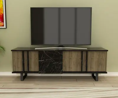 Fido TV Stand with Cabinet Shelves - Walnut & Black Marble Effect