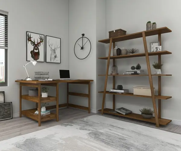 Miraperry Wood Bookcase and Computer Desk Set - Walnut