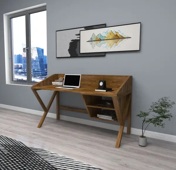 Ivo Wood Computer Desk with Front Bar and Shelves - Walnut