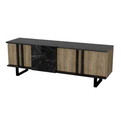 Fido TV Stand with Cabinet Shelves - Walnut & Black Marble Effect