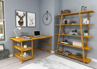 Miraperry Wood Bookcase and Computer Desk Set - Oak