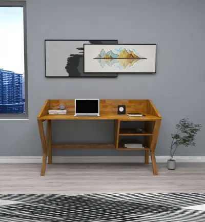 Ivo Wood Computer Desk with Front Bar and Shelves - Oak