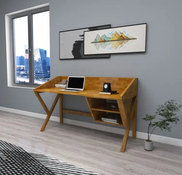 Ivo Wood Computer Desk with Front Bar and Shelves - Oak