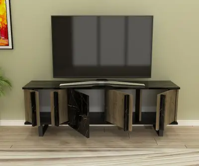 Fido TV Stand with Cabinet Shelves - Walnut & Black Marble Effect