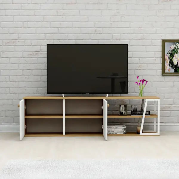 Avena TV Stand with Cabinets and Shelves - White & Oak