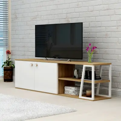 Avena TV Stand with Cabinets and Shelves - White & Oak