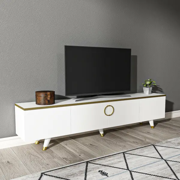 Plana TV Stand with Cabinets - White & Gold Band