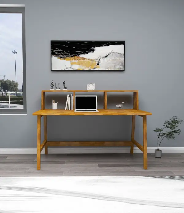 Lumi Computer Desk with Front Bar Shelf - Oak