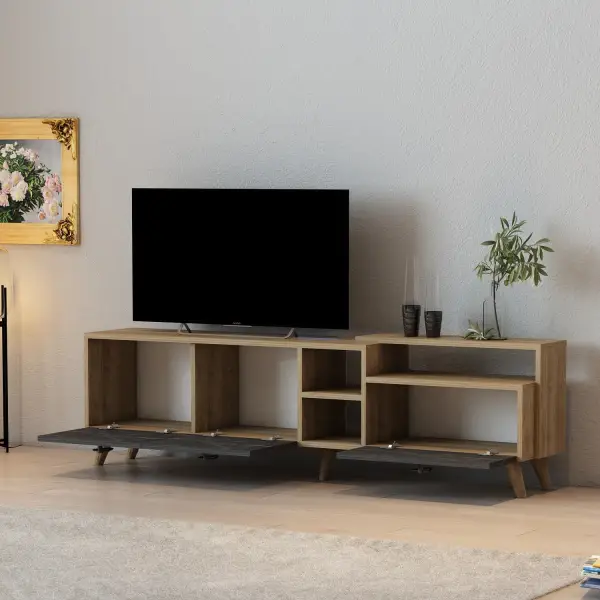 Lilium TV Stand with Cabinets and Shelves - Walnut & Black Marble Effect