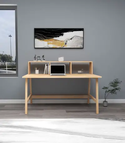 Lumi Computer Desk with Front Bar Shelf - Natural